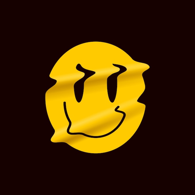 Gele vervormde glimlachemoji die op zwarte achtergrond wordt geïsoleerd. gele smile face logo sticker of poster sjabloon voor stand-up comedy show. Premium Vector