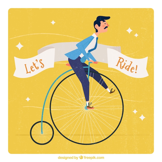 Gratis vector gele vintage achtergrond van man in een unicycle