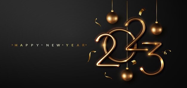 Gelukkig 2023 Nieuwjaar Kerst felicitatie met 3D realistische gouden metalen tekst