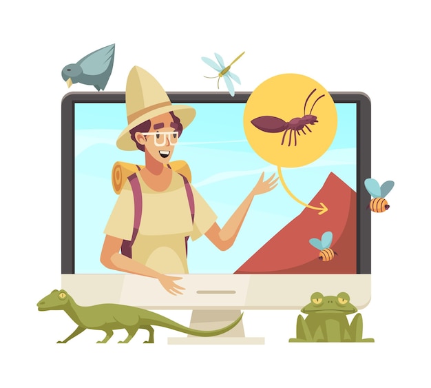 Gratis vector gelukkig blogger-personage dat vertelt over insecten en dieren online cartoon