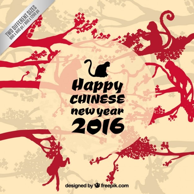 Gratis vector gelukkig chinees nieuwjaar met apen silhouetten