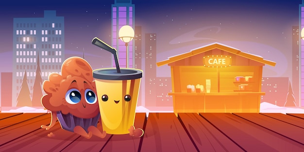 Gelukkig cupcake en plastic beker vrienden stripfiguren bij nacht straat achtergrond met café kraam schattig muffin en koffie of thee drinken met stro zitten op houten tafel of terras vectorillustratie