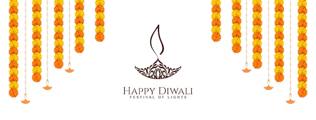 Gratis vector gelukkig diwali-festivalbannerontwerp met bloemenvector