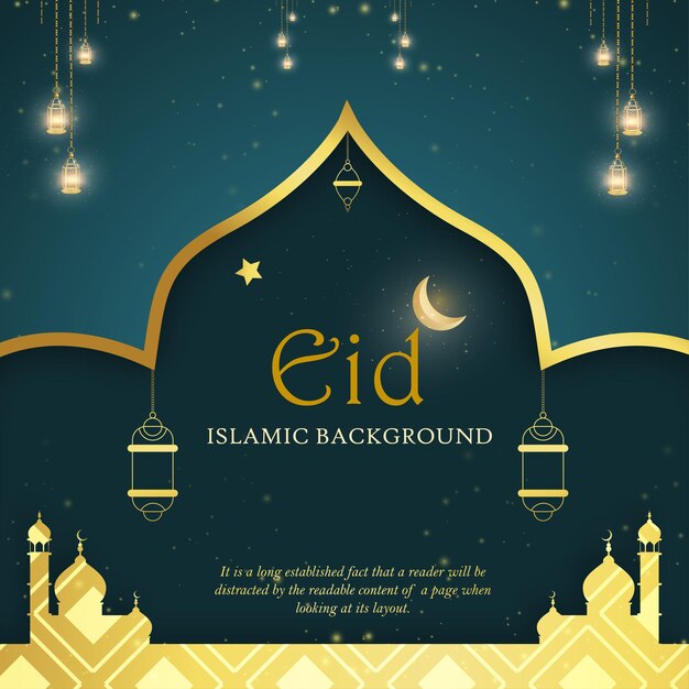 Gelukkig Eid Groeten Blauwe Gouden Achtergrond Islamitische Sociale Media Banner