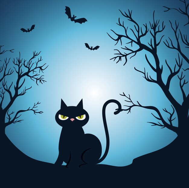 Gelukkig Halloween met zwarte kat in de nacht