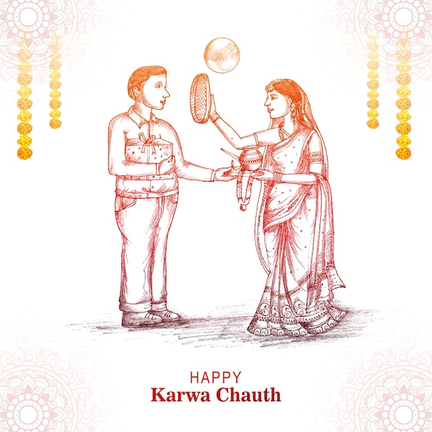 Gratis vector gelukkig karwa chauth festival kaart met indiase copule schets achtergrond