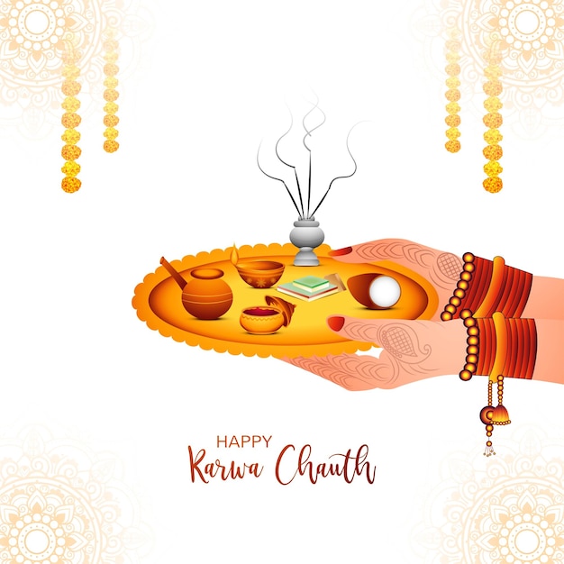 Gratis vector gelukkig karwa chauth met versierde puja thali van wenskaart achtergrond