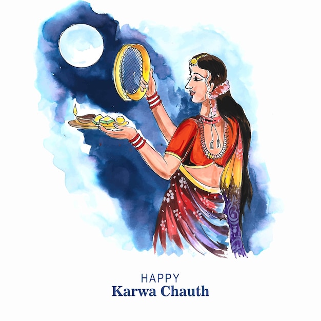 Gelukkig karwa chauth viering kaart aquarel ontwerp