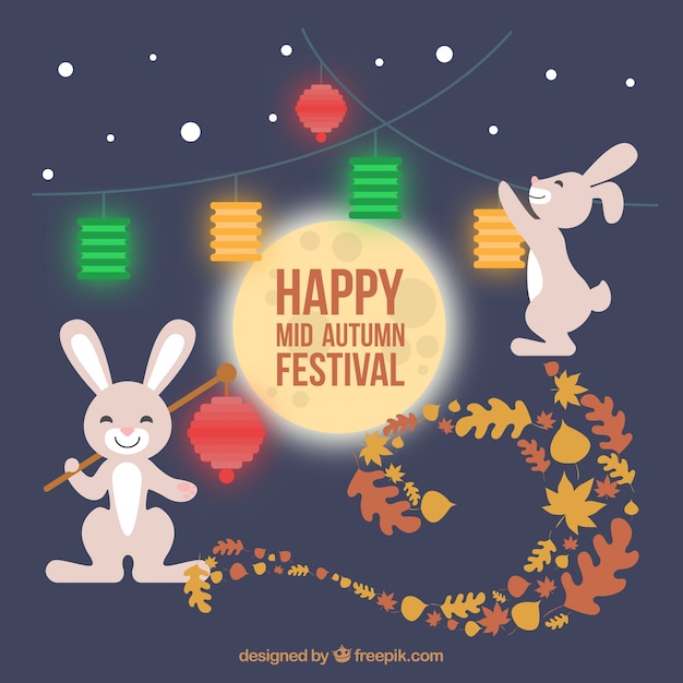 Gratis vector gelukkig konijnen met heldere lantaarns
