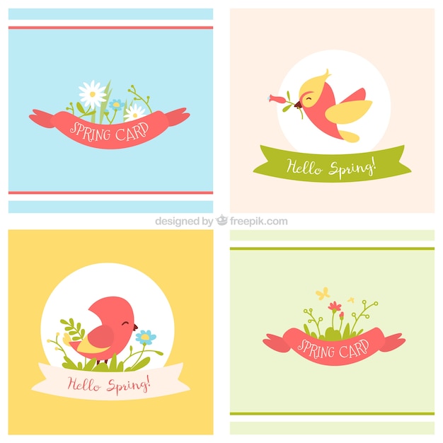 Gratis vector gelukkig lente kaarten met bloemen en vogels