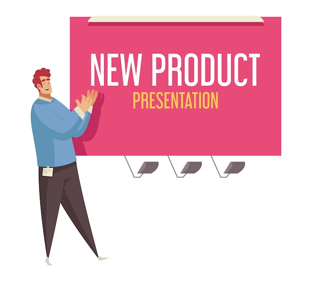 Gratis vector gelukkig mannelijk personage gaat presentatie van nieuw product geven op scherm platte vectorillustratie