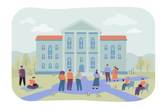 Gelukkig mix-raced studenten lopen voor universiteitsgebouw vlakke afbeelding. Cartoon mensen ontspannen op de campus van de tuin