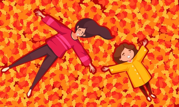 Gratis vector gelukkig moeder en meisje liggend in kleurrijke herfstbladeren cartoon vectorillustratie