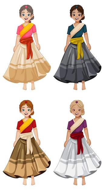 Gratis vector gelukkig mooie vrouwen in indiase traditionele jurken