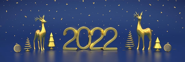 Gelukkig nieuw 2022 jaar. gouden metalen nummers 2022 met gouden herten, geschenkdozen, gouden metalen dennen of sparren, kegelvormige sparren, glanzende ballen en confetti op blauwe achtergrond. vector illustratie.