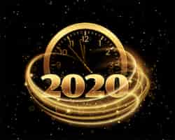 Gratis vector gelukkig nieuw jaar 2020 met klok en gouden streep