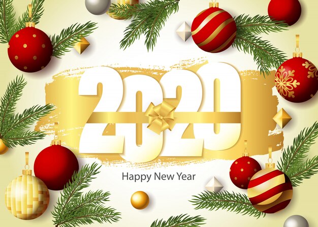 Gelukkig Nieuwjaar, 2020 belettering, fir-tree twijgen en kerstballen