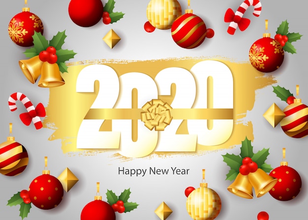 Gratis vector gelukkig nieuwjaar, 2020 belettering, kerstballen, snoep stokken, bel