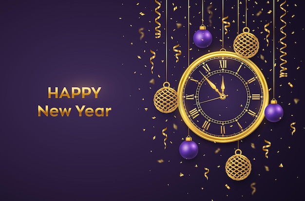 Gelukkig nieuwjaar 2022. gouden glanzend horloge met romeinse cijfers en countdown middernacht, vooravond voor nieuwjaar. achtergrond met glanzende gouden en paarse ballen. vrolijk kerstfeest. kerst vakantie. vector illustratie.