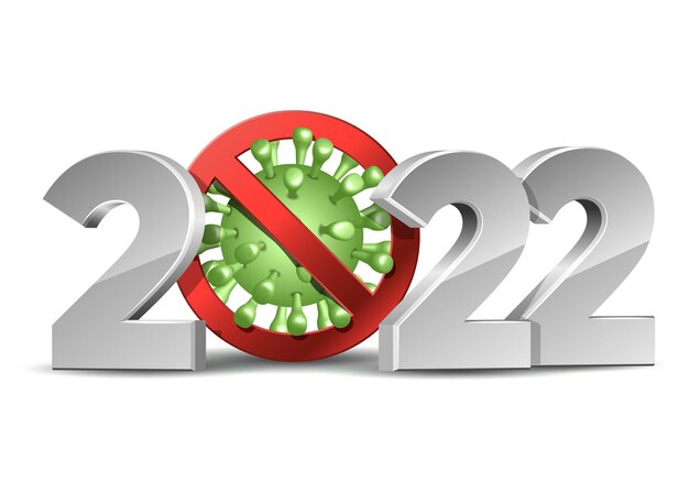 Gelukkig nieuwjaar 2022 nummer met coronavirus covid-19 epidemische stopbord. vakantiegroetkaart zonder viruspandemie. ontwerpsjabloon voor vectorillustratie