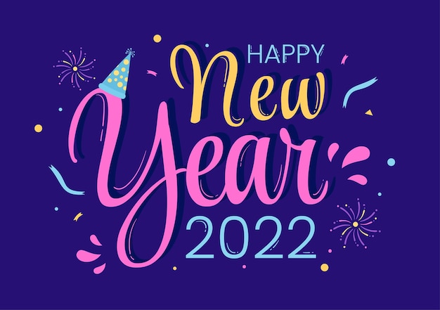 Gelukkig nieuwjaar 2022 sjabloon plat ontwerp illustratie met linten en confetti op een kleurrijke achtergrond voor poster, brochure of banner