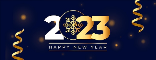 Gratis vector gelukkig nieuwjaar 2023 banner met gouden sneeuwvlok en confetti