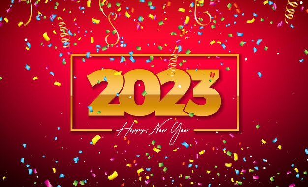Gelukkig Nieuwjaar 2023 Illustratie met gouden nummer en vallende confetti op glanzende rode achtergrond