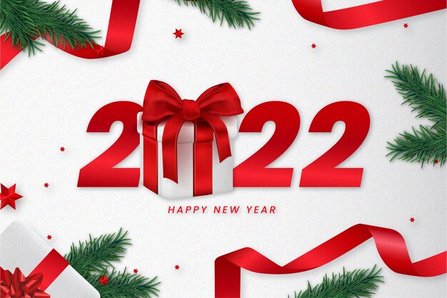Gelukkig nieuwjaar achtergrond met realistisch rood geschenk