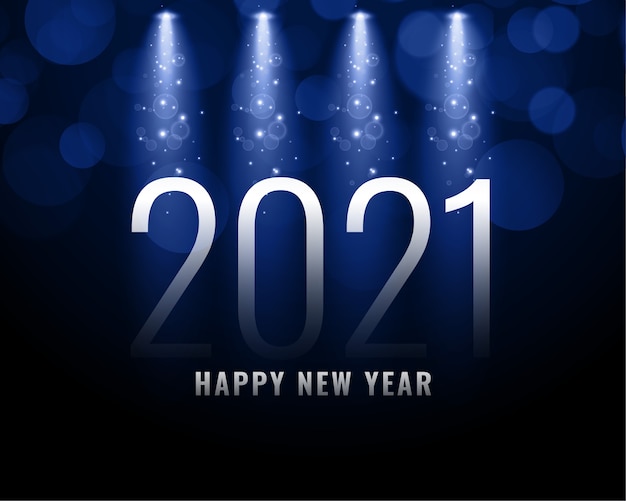 Gelukkig nieuwjaarswenskaart met metalen cijfers, glitters en lichten uit 2021