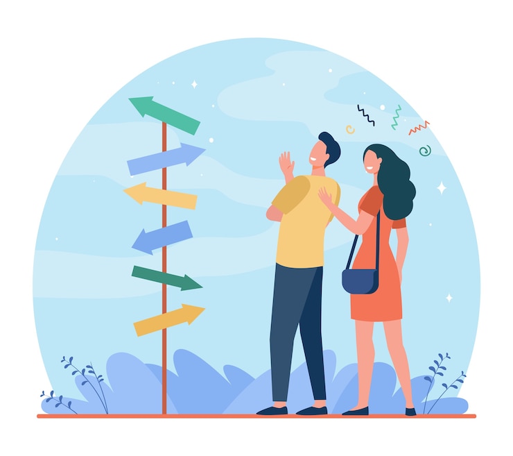 Gratis Vector gelukkig paar die manier kiezen om te wandelen. pijl, echtgenoot, samen platte vectorillustratie. richting en relatie
