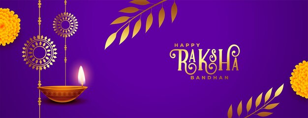 Gelukkig raksha bandhan-festivalbanner met realistisch diya-ontwerp en gouden bladeren