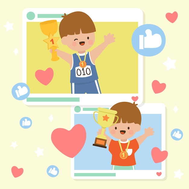 Gelukkig schattige kleine jongen met gouden trofee cartoon vector