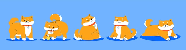 Gelukkig shiba inu hond stripfiguur in verschillende poses schattig grappig huisdier staan liggend spelen met bal zitten dogecoin symbool roodharige japanse hond portret lijntekeningen platte vectorillustratie