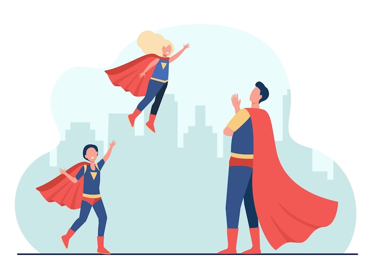Gratis Vector gelukkig superheld vader met kinderen in super kostuums. cartoon afbeelding