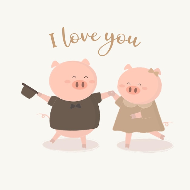 Gratis vector gelukkig varken minnaar dans, geïsoleerde cartoon schattige dieren romantische dieren paren verliefd, valentijnsdag concept, illustratie