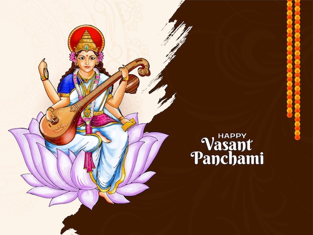 Gratis vector gelukkig vasant panchami traditioneel indiase feest met godin saraswati illustratie