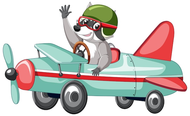 Gratis vector gelukkig wasbeer rijdend vliegtuig