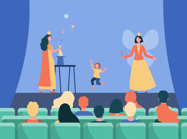 Gelukkige animators die op het podium voor kinderen optreden. Magie, fee, kostuum platte illustratie. Cartoon afbeelding