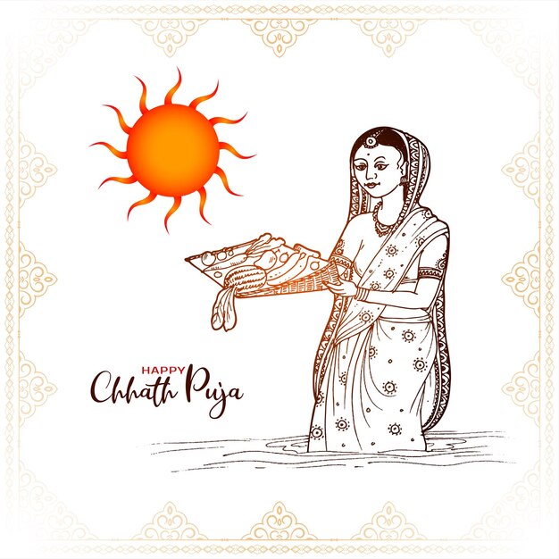 Gratis vector gelukkige chhath puja-festivalachtergrond met biddende dame