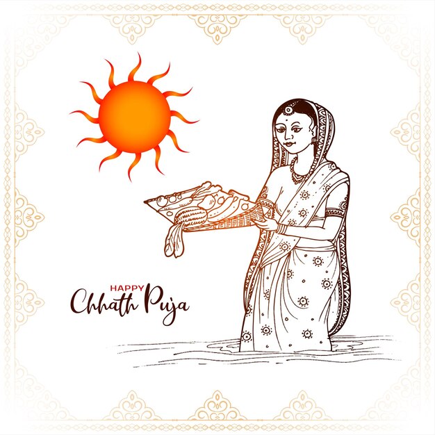 Gelukkige Chhath Puja-festivalachtergrond met biddende dame