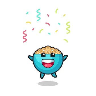 Gelukkige cornflakeskom mascotte springen voor felicitatie met kleur confetti