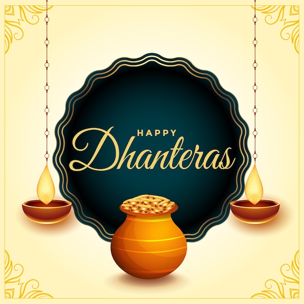 Gratis vector gelukkige dhanteras-festivalkaart met diya en gouden muntpot