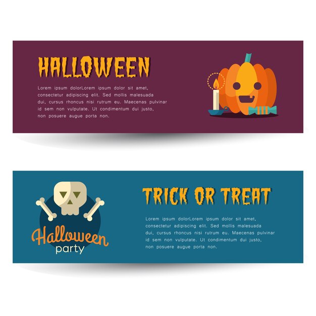 Gelukkige die Halloween-banners met vlakke pictogrammen worden geplaatst