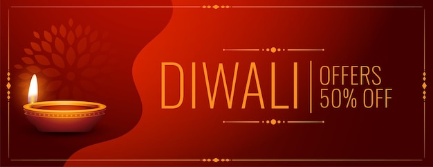 Gelukkige diwali-aanbieding en kortingsbanner met gloeiende diya