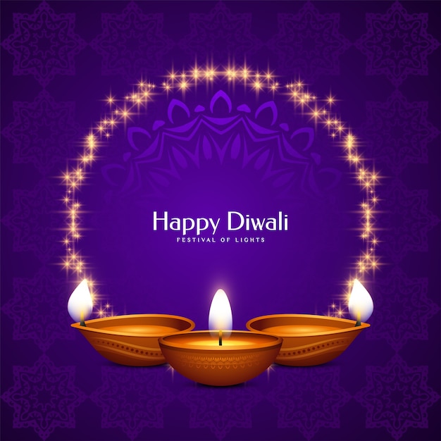 Gratis vector gelukkige diwali festival viering paarse wenskaart met frame en kaarsen