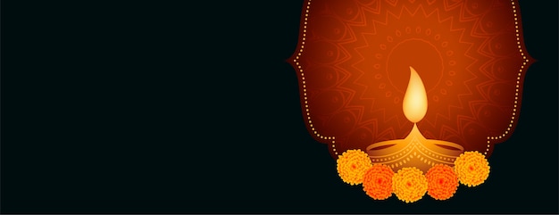 Gratis vector gelukkige diwali-festivalbanner met diya en bloem