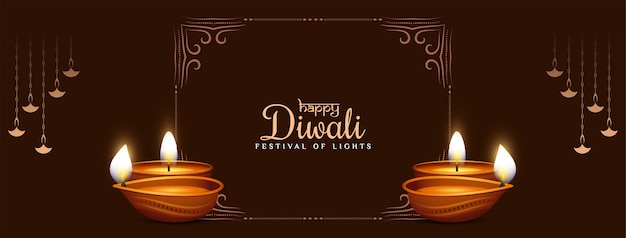 Gelukkige diwali-festivalbanner met frame en lampen