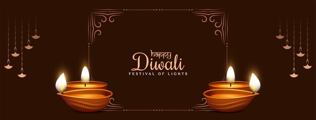 Gelukkige Diwali-festivalbanner met frame en lampen
