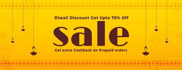 Gelukkige diwali-verkoopbanner met aanbiedingsdetails op gele achtergrond