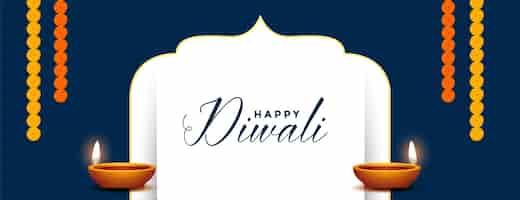 Gratis vector gelukkige diwalibanner met diya en bloemdecoratie